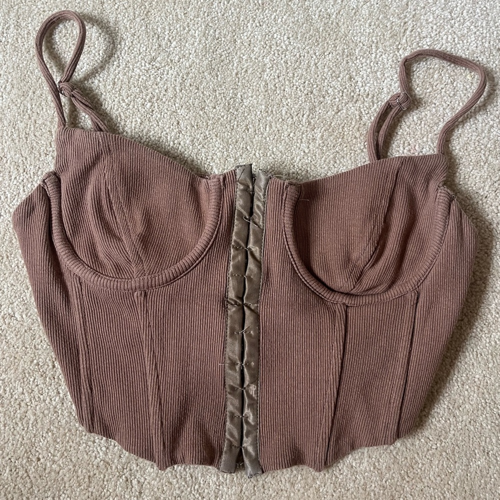 Brown Cropped Corset Top with Adjustable Straps